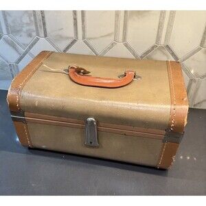 Vintage Gateway Train Case Suitcase Brown Tan Mirror Travel 1950s 12x8x6”